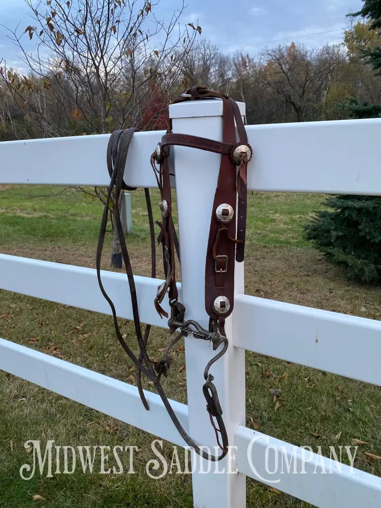 Antique Western Cowboy Silver Concho Bridle with Reins - Hand-Forged Cavalry Shank Curb Bit Bridles & Headstalls