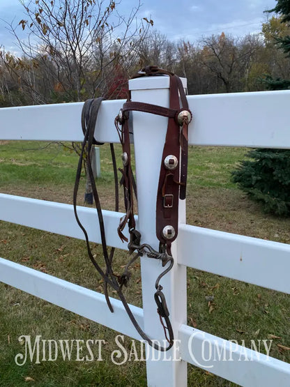 Antique Western Cowboy Silver Concho Bridle with Reins - Hand-Forged Cavalry Shank Curb Bit Bridles & Headstalls
