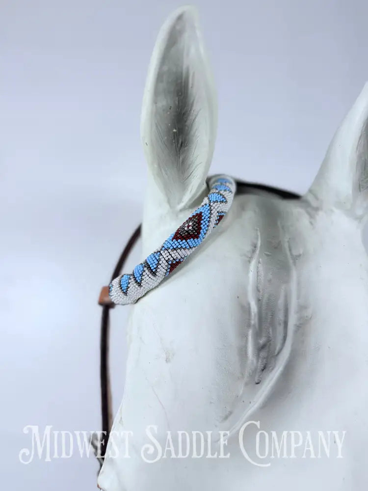 Beaded One Ear Western Headstall Full Horse Size - Blue Maroon White - Bridles & Headstalls
