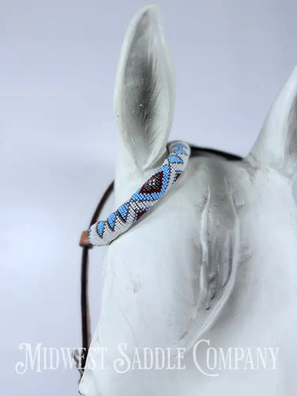 Beaded One Ear Western Headstall Full Horse Size - Blue Maroon White - Bridles & Headstalls