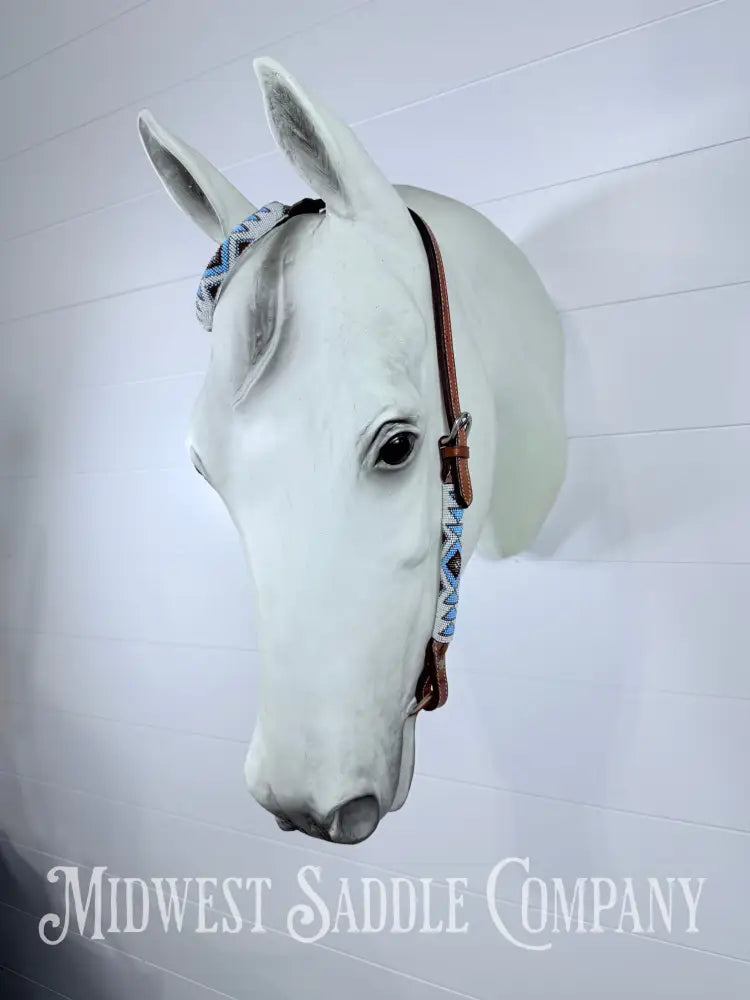 Beaded One Ear Western Headstall Full Horse Size - Blue Maroon White - Bridles & Headstalls