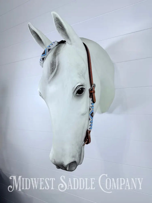 Beaded One Ear Western Headstall Full Horse Size - Blue Maroon White - Bridles & Headstalls