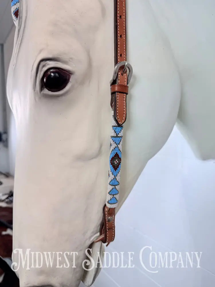 Beaded One Ear Western Headstall Full Horse Size - Blue Maroon White - Bridles & Headstalls