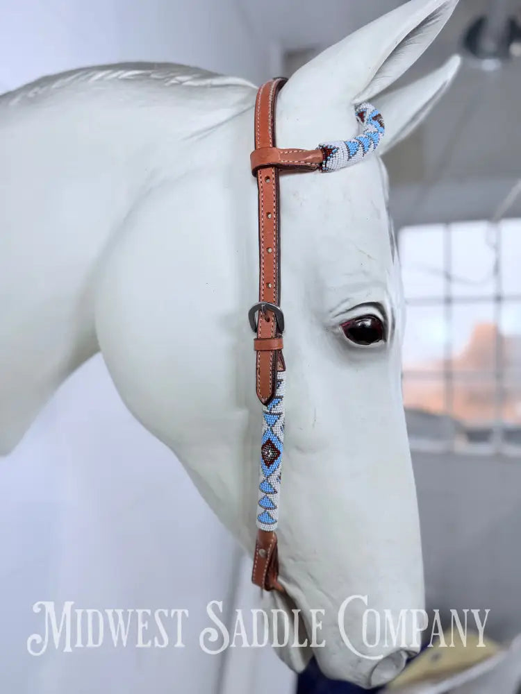 Beaded One Ear Western Headstall Full Horse Size - Blue Maroon White - Bridles & Headstalls