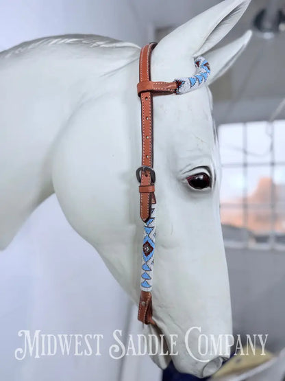 Beaded One Ear Western Headstall Full Horse Size - Blue Maroon White - Bridles & Headstalls