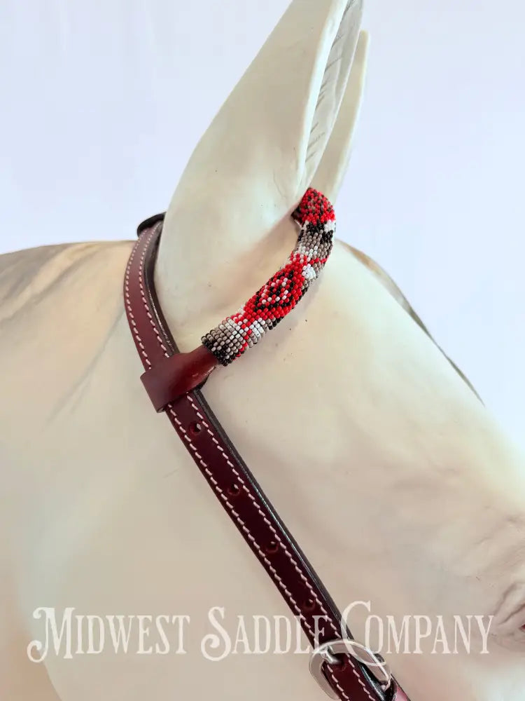 Beaded One Ear Western Headstall Full Horse Size - Red Black White Bridles & Headstalls