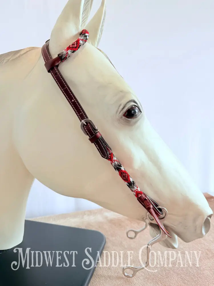 Beaded One Ear Western Headstall Full Horse Size - Red Black White Bridles & Headstalls