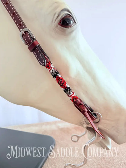 Beaded One Ear Western Headstall Full Horse Size - Red Black White Bridles & Headstalls