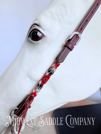 Beaded One Ear Western Headstall Full Horse Size - Red Black White Bridles & Headstalls
