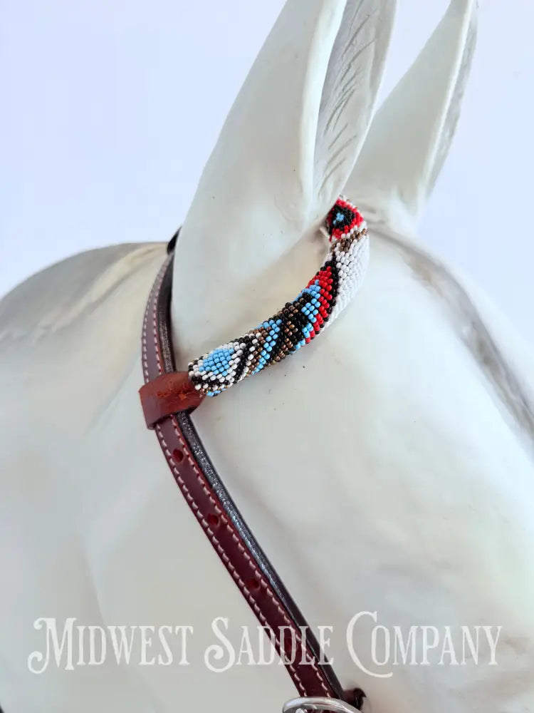 Beaded One Ear Western Headstall Full Horse Size - Red White Blue Black Bridles & Headstalls