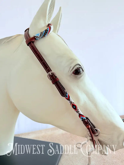 Beaded One Ear Western Headstall Full Horse Size - Red White Blue Black Bridles & Headstalls