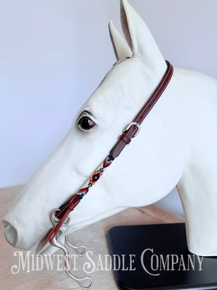 Beaded One Ear Western Headstall Full Horse Size - Red White Blue Black Bridles & Headstalls