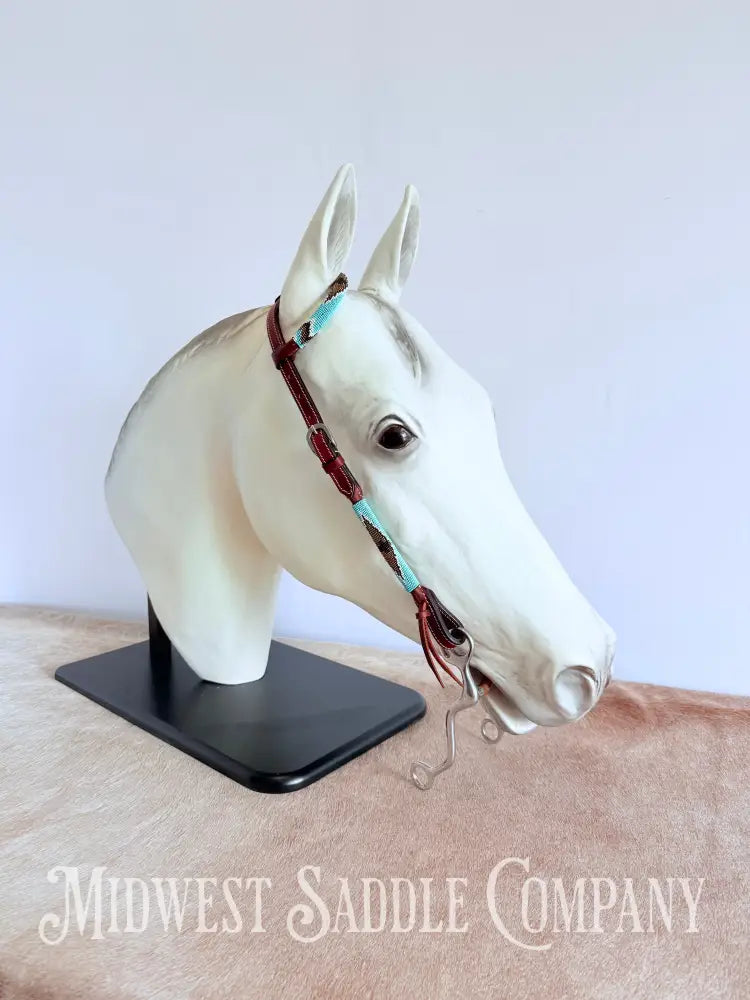 Beaded One Ear Western Headstall Full Horse Size - Turquoise & Gold Bridles & Headstalls