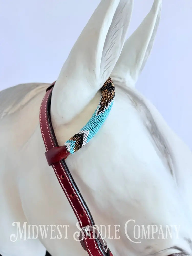 Beaded One Ear Western Headstall Full Horse Size - Turquoise & Gold Bridles & Headstalls