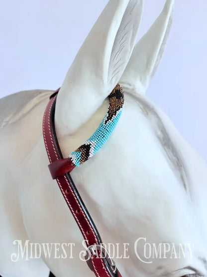 Beaded One Ear Western Headstall Full Horse Size - Turquoise & Gold Bridles & Headstalls