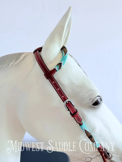 Beaded One Ear Western Headstall Full Horse Size - Turquoise & Gold Bridles & Headstalls