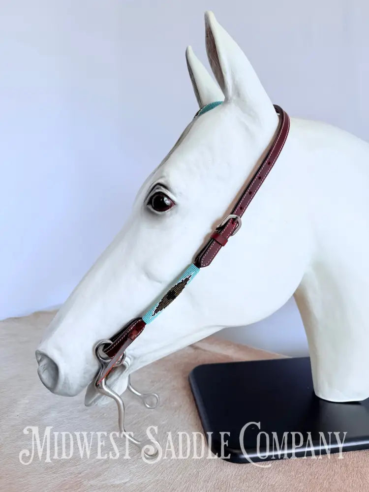 Beaded One Ear Western Headstall Full Horse Size - Turquoise & Gold Bridles & Headstalls
