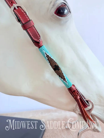 Beaded One Ear Western Headstall Full Horse Size - Turquoise & Gold Bridles & Headstalls