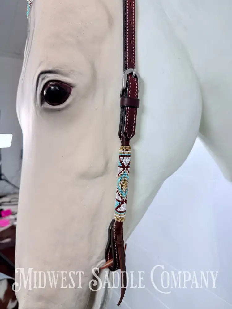 Beaded One Ear Western Headstall Full Horse Size - Turquoise Gold White - Bridles & Headstalls
