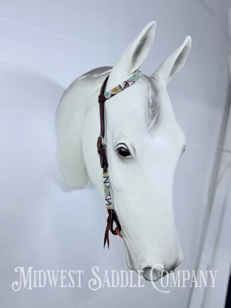 Beaded One Ear Western Headstall Full Horse Size - Turquoise Gold White - Bridles & Headstalls