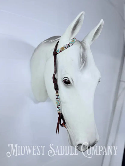 Beaded One Ear Western Headstall Full Horse Size - Turquoise Gold White - Bridles & Headstalls