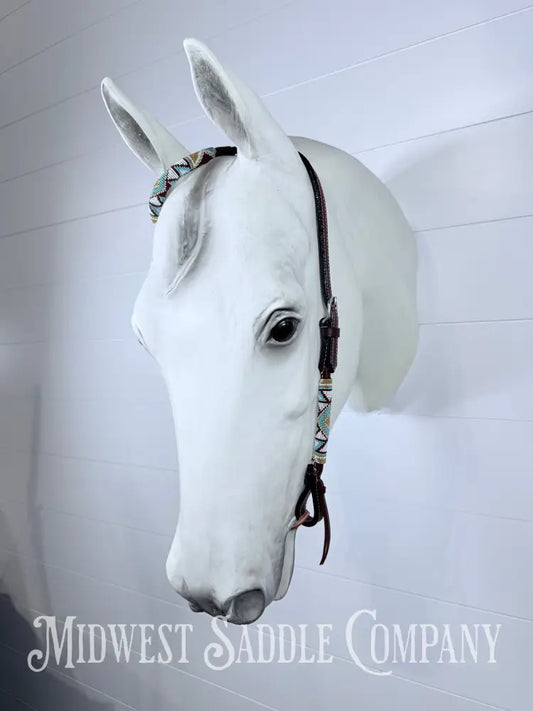 Beaded One Ear Western Headstall Full Horse Size - Turquoise Gold White - Bridles & Headstalls