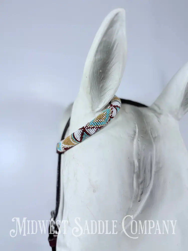 Beaded One Ear Western Headstall Full Horse Size - Turquoise Gold White - Bridles & Headstalls