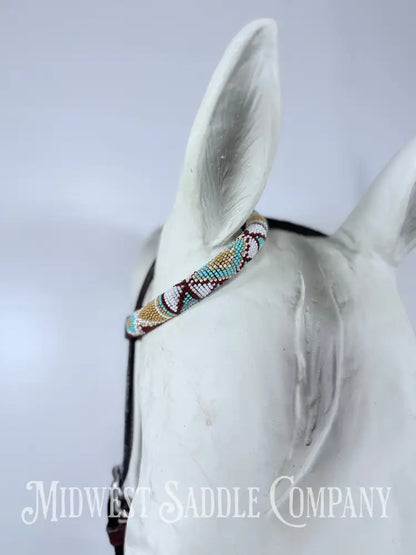 Beaded One Ear Western Headstall Full Horse Size - Turquoise Gold White - Bridles & Headstalls