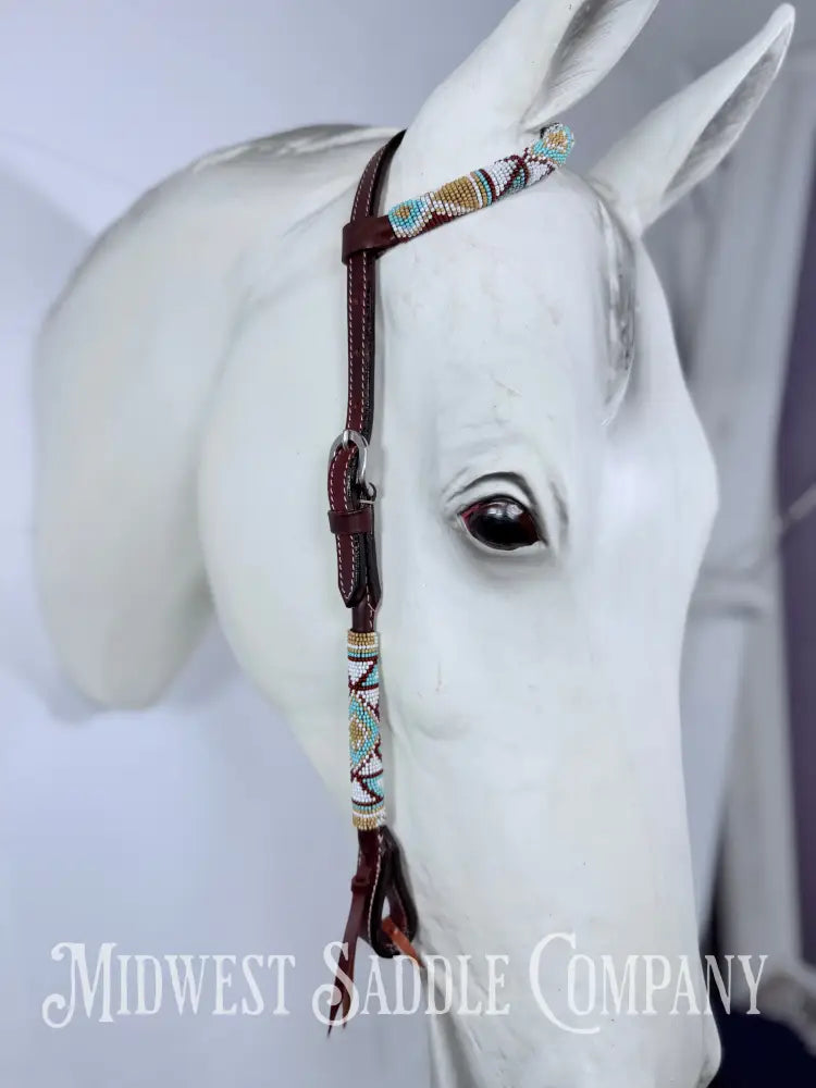 Beaded One Ear Western Headstall Full Horse Size - Turquoise Gold White - Bridles & Headstalls