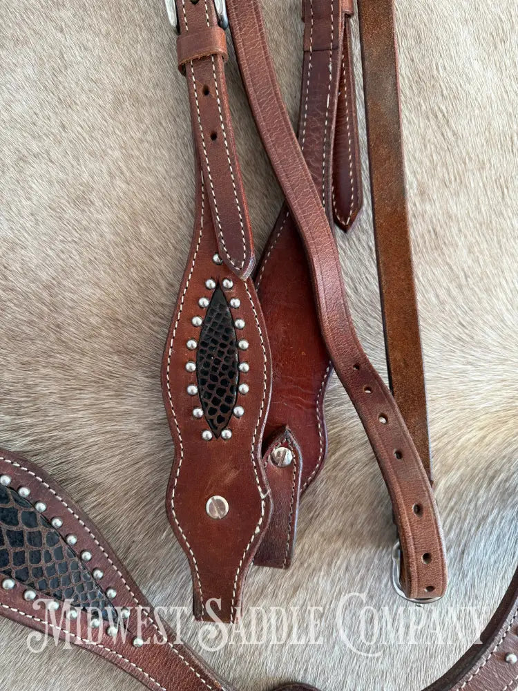 Beautiful Headstall & Breast Collar Set - Dark Brown Croc Stamped Leather Bridles & Headstalls