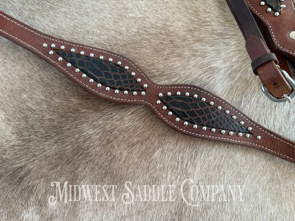 Beautiful Headstall & Breast Collar Set - Dark Brown Croc Stamped Leather Bridles & Headstalls
