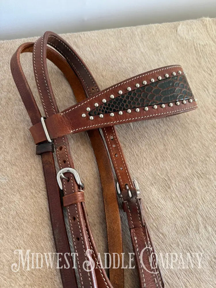 Beautiful Headstall & Breast Collar Set - Dark Brown Croc Stamped Leather Bridles & Headstalls