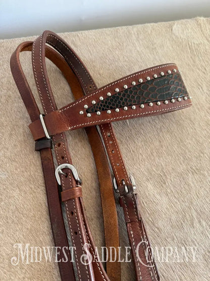 Beautiful Headstall & Breast Collar Set - Dark Brown Croc Stamped Leather Bridles & Headstalls