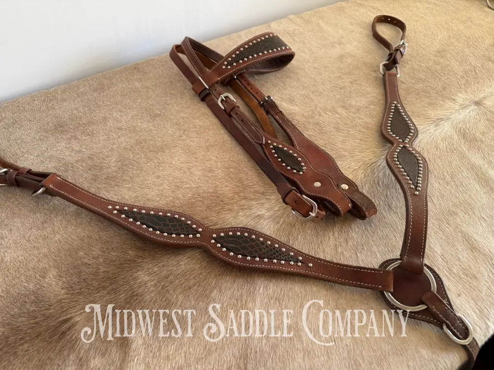 Beautiful Headstall & Breast Collar Set - Dark Brown Croc Stamped Leather Bridles & Headstalls