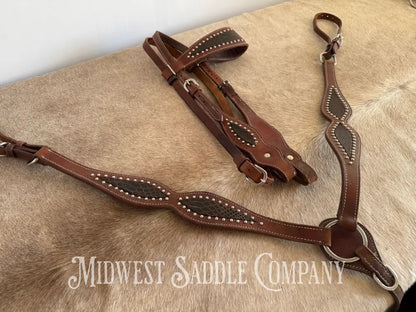 Beautiful Headstall & Breast Collar Set - Dark Brown Croc Stamped Leather Bridles & Headstalls