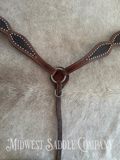 Beautiful Headstall & Breast Collar Set - Dark Brown Croc Stamped Leather Bridles & Headstalls
