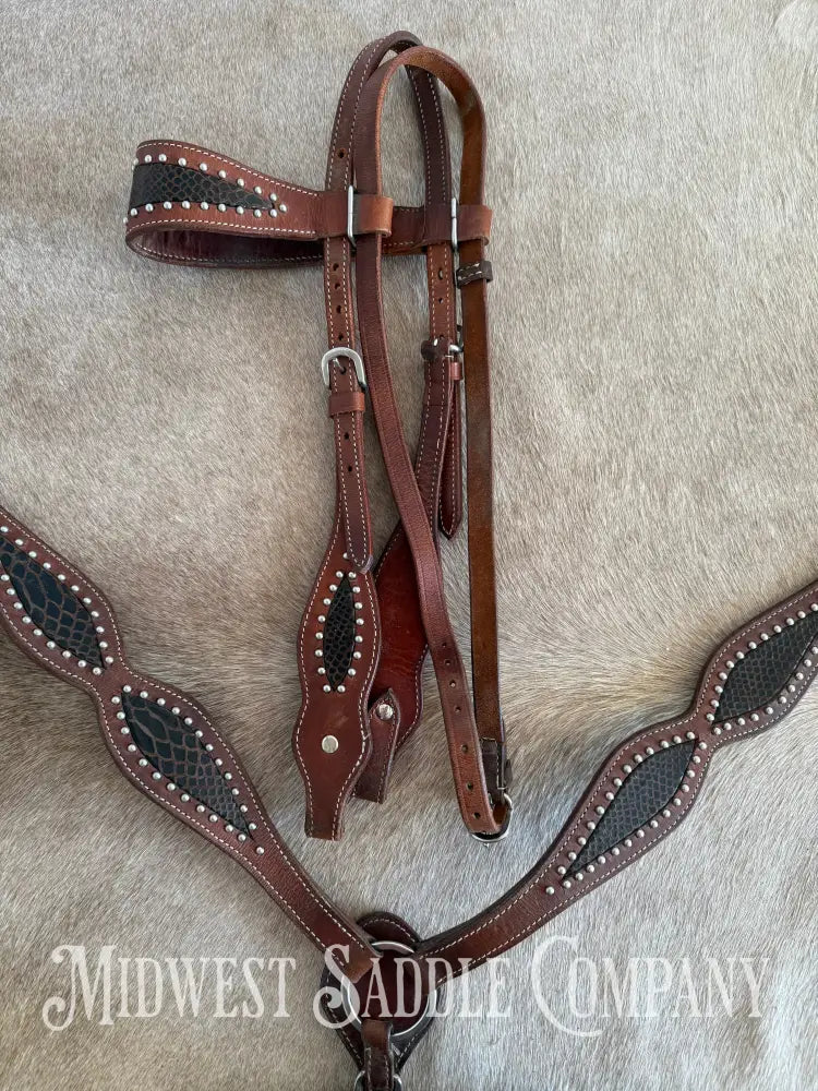 Beautiful Headstall & Breast Collar Set - Dark Brown Croc Stamped Leather Bridles & Headstalls