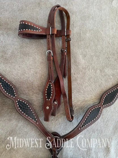 Beautiful Headstall & Breast Collar Set - Dark Brown Croc Stamped Leather Bridles & Headstalls