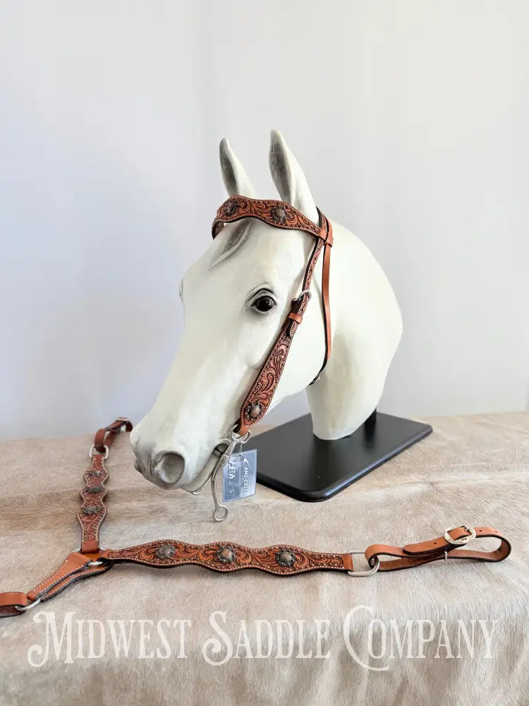 Circle Y Concho Headstall & Breast Collar Set Fully Tooled Tack Set