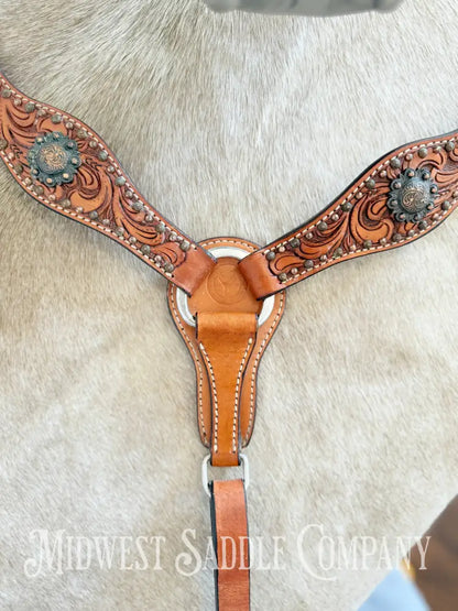 Circle Y Concho Headstall & Breast Collar Set Fully Tooled Tack Set