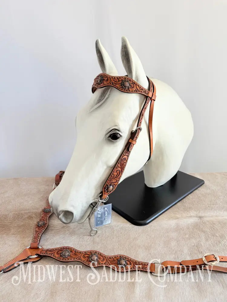 Circle Y Concho Headstall & Breast Collar Set Fully Tooled Tack Set