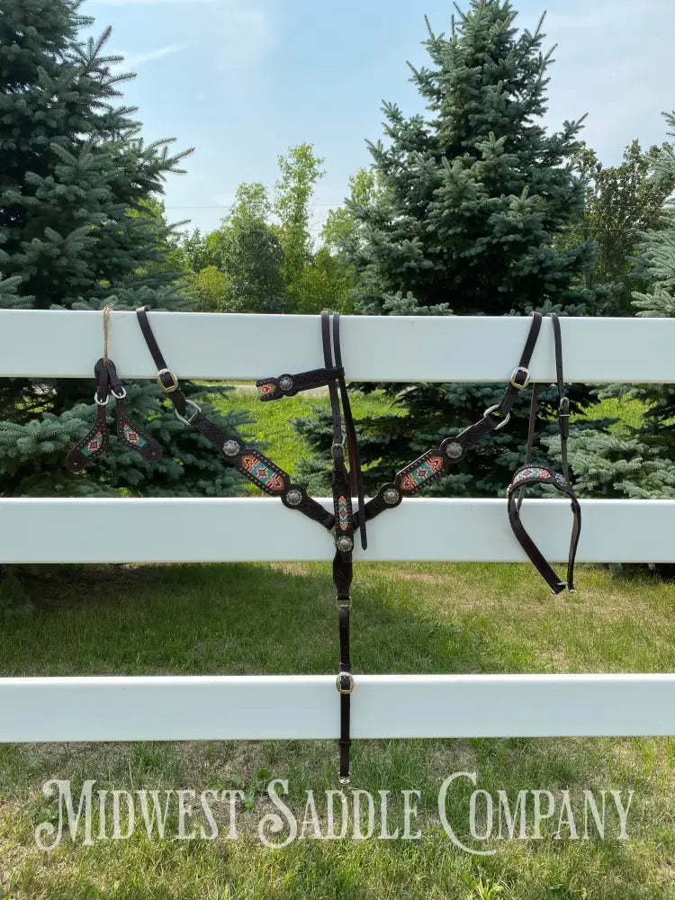Complete Circle Y Southwest Beaded Tack Set - Headstall Noseband Breast Collar Spur Straps.