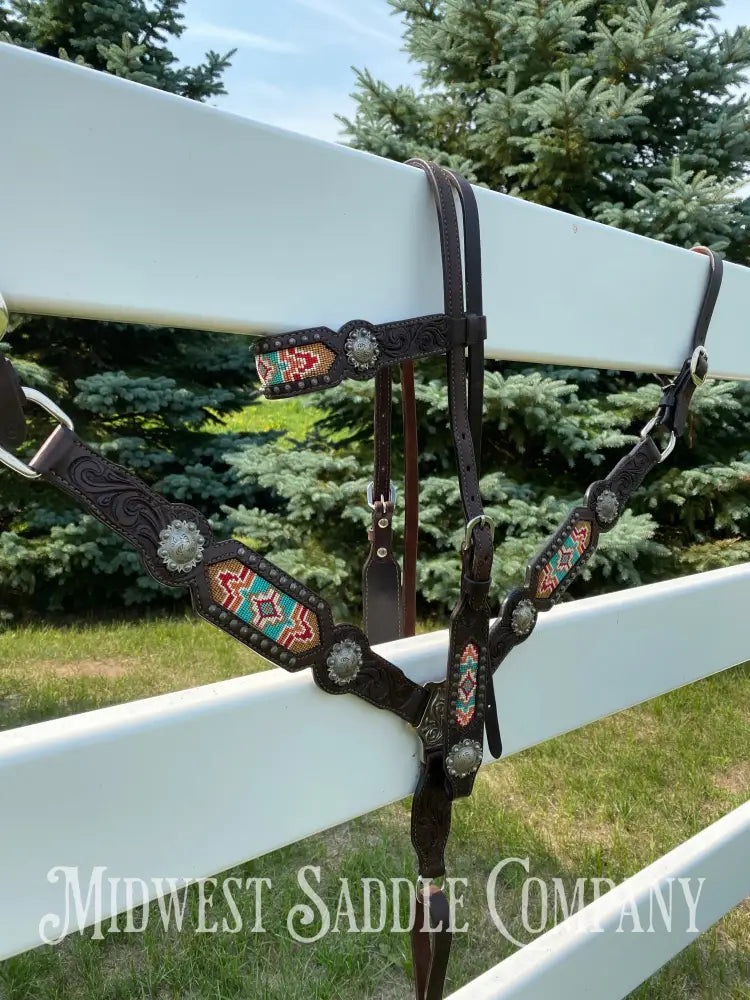 Complete Circle Y Southwest Beaded Tack Set - Headstall Noseband Breast Collar Spur Straps.