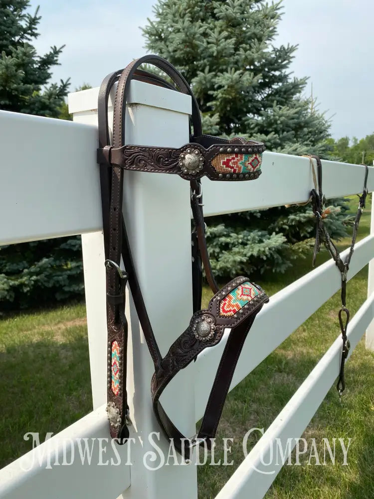 Complete Circle Y Southwest Beaded Tack Set - Headstall Noseband Breast Collar Spur Straps.