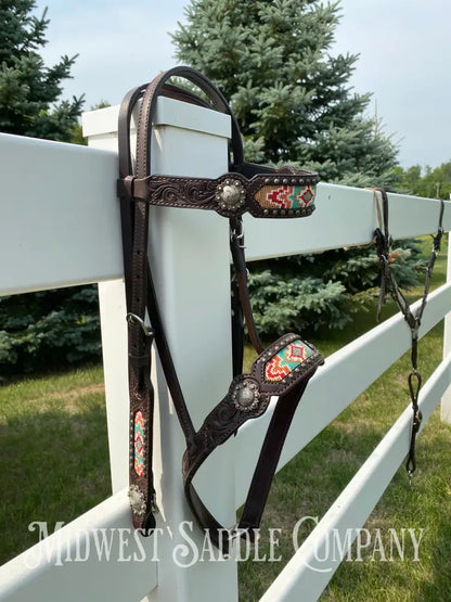 Complete Circle Y Southwest Beaded Tack Set - Headstall Noseband Breast Collar Spur Straps.