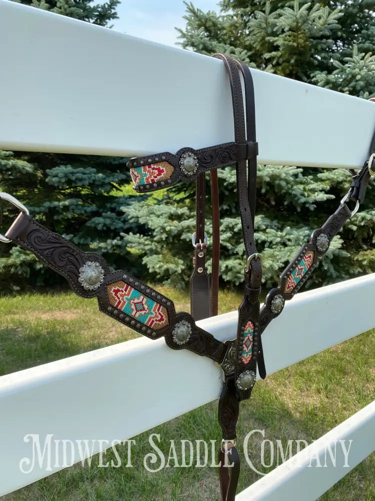 Complete Circle Y Southwest Beaded Tack Set - Headstall Noseband Breast Collar Spur Straps.