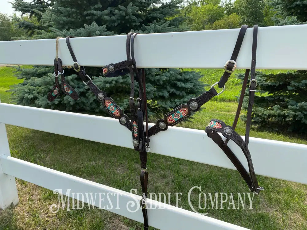 Complete Circle Y Southwest Beaded Tack Set - Headstall Noseband Breast Collar Spur Straps.