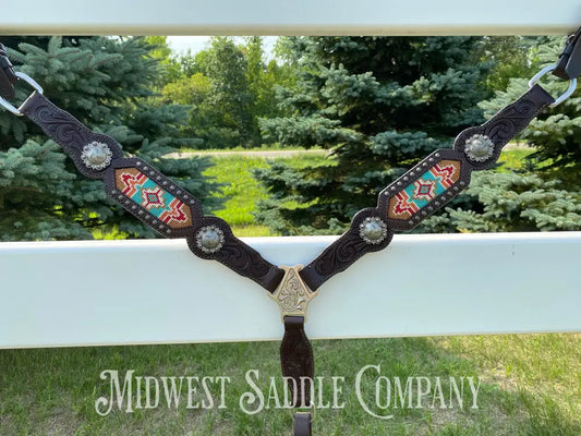 Complete Circle Y Southwest Beaded Tack Set - Headstall Noseband Breast Collar Spur Straps.