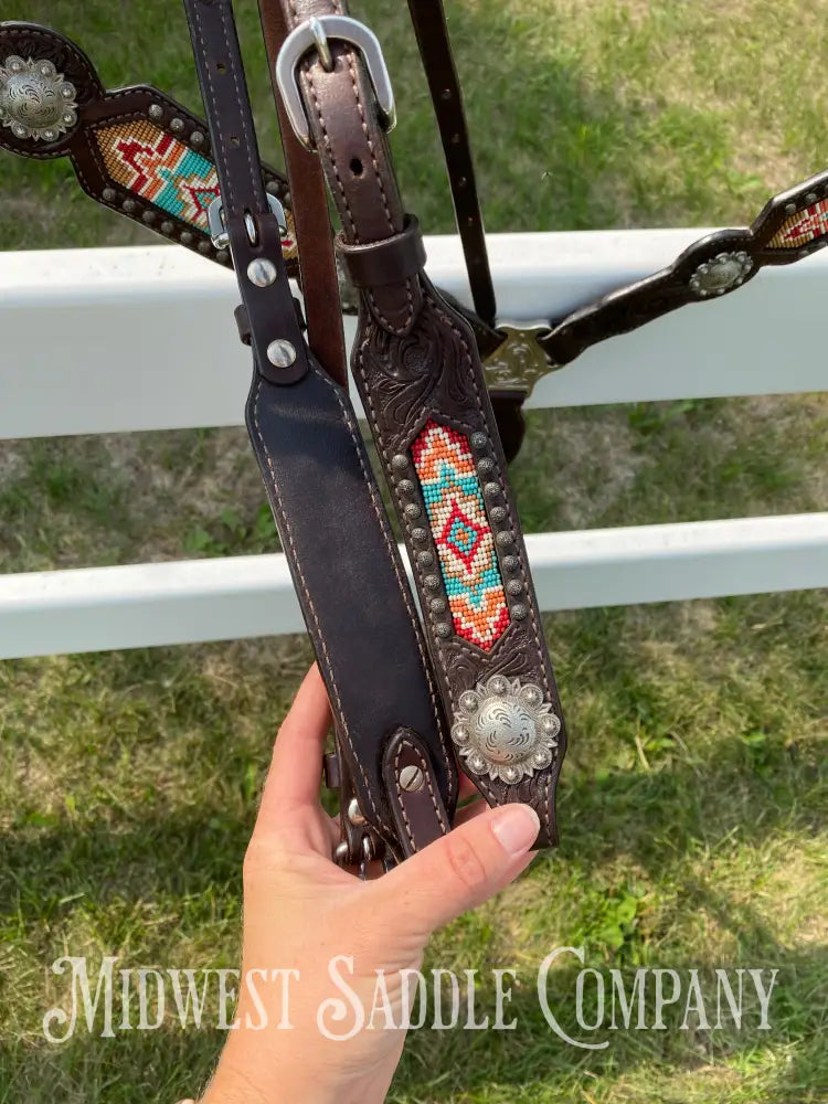 Complete Circle Y Southwest Beaded Tack Set - Headstall Noseband Breast Collar Spur Straps.