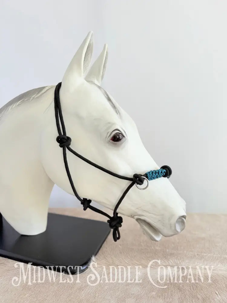 Custom Braided Rope Halter Side Pull 4 Knots Blue - Horse Size Halter